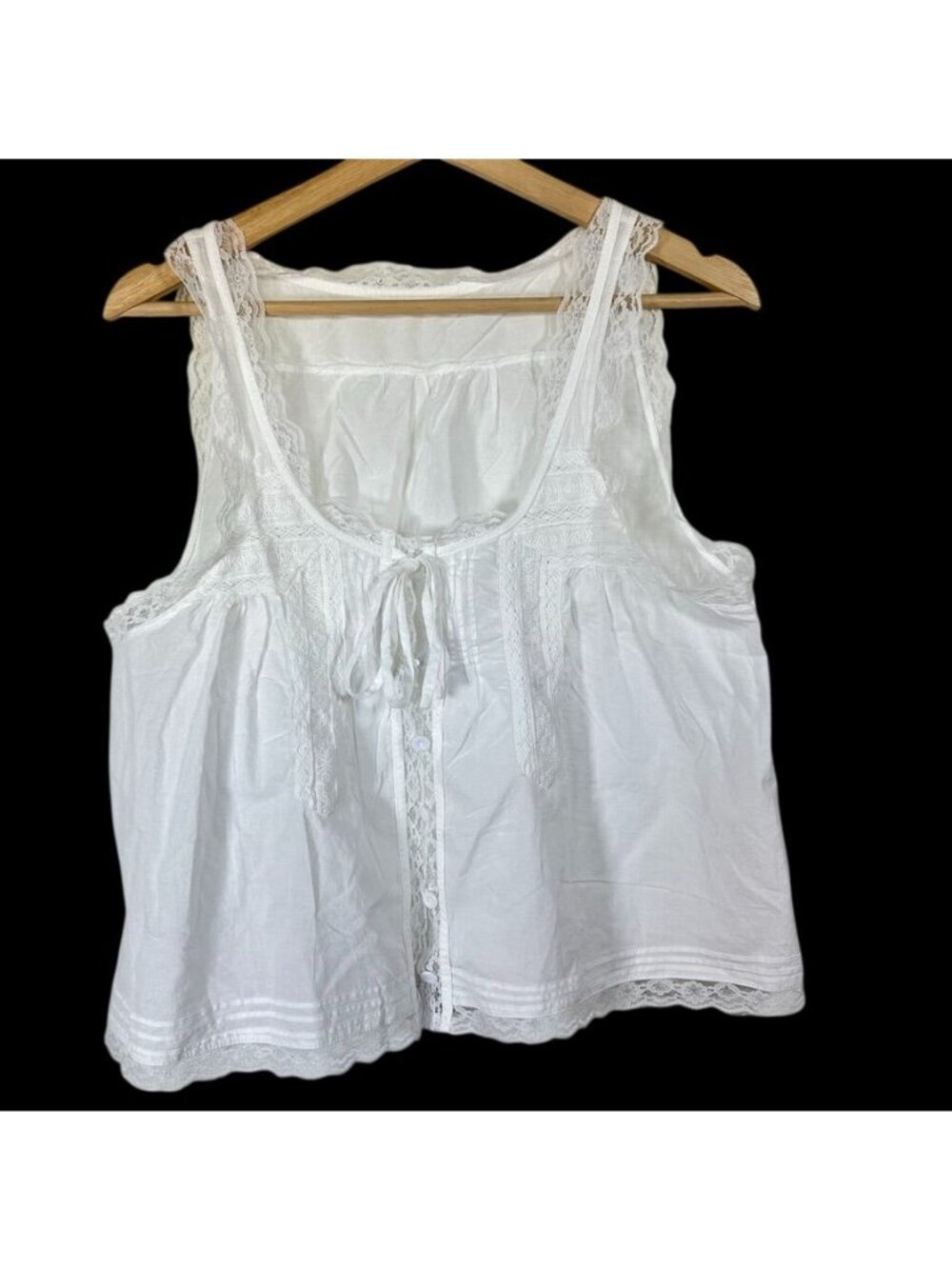 White Cotton Lace Pintuck Tie Front Tank Top Edwardian Coquette Romantic Sz M